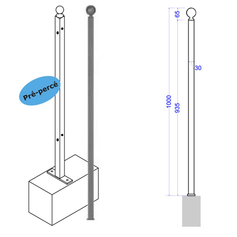 Poteau d'angle de cloture  fixer 1000mm FT42104 Poteau  fixer Trous entr'axe moyen FT42104
