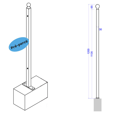 Poteau de cloture  fixer 1200mm FT42111 Poteau  fixer Trous entr'axe moyen FT42111