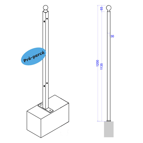 Poteau d'angle de cloture  fixer 1200mm FT42114 Poteau  fixer Trous entr'axe moyen FT42114