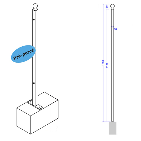 Poteau de cloture  fixer 1500mm FT42121 Poteau  fixer Trous entr'axe moyen FT42121