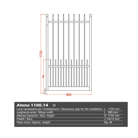Portillon ATENA 1,1m 14x14mm avec poteaux FT43701 Portillon ATENA AVEC ou SANS poteaux 14x14 FT43701