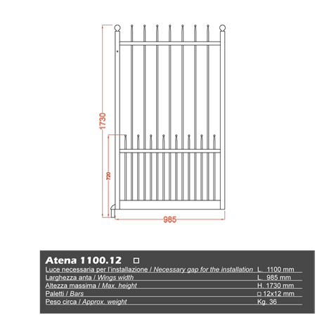 Portillon ATENA 1,1m 12x12mm avec poteaux FT43711 Portillon ATENA AVEC ou SANS poteaux 12x12 FT43711