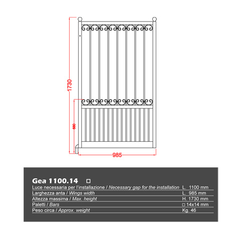 Portillon GEA 1,1m 14x14mm avec poteaux FT43741 Portillon GEA AVEC ou SANS poteaux FT43741