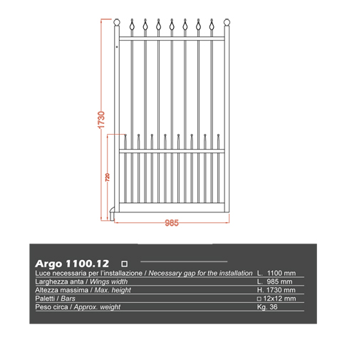 Portillon ARGO 1,1m 12x12mm avec poteaux FT43761 Portillon ARGO AVEC ou SANS poteaux FT43761