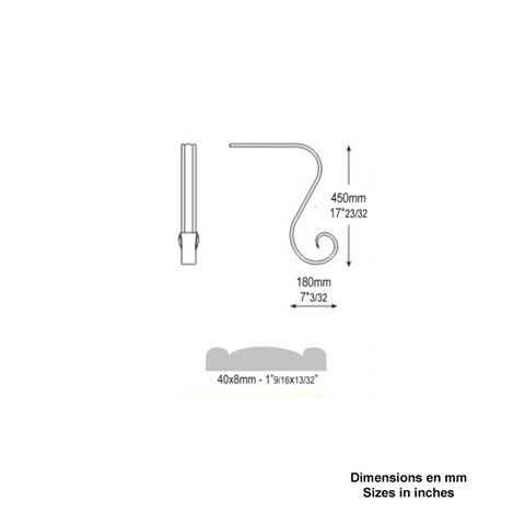 Crosse de dpart 40x8mm longueur 450x180mm acier profil