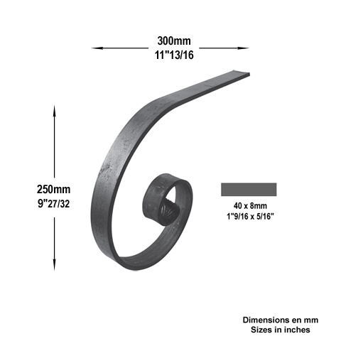 Crosse de dpart 40x8mm longueur 250x300mm acier profil forg
