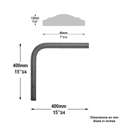Coude de main courante 40x12mm longueur 400mm en acier moulur 400x400mm