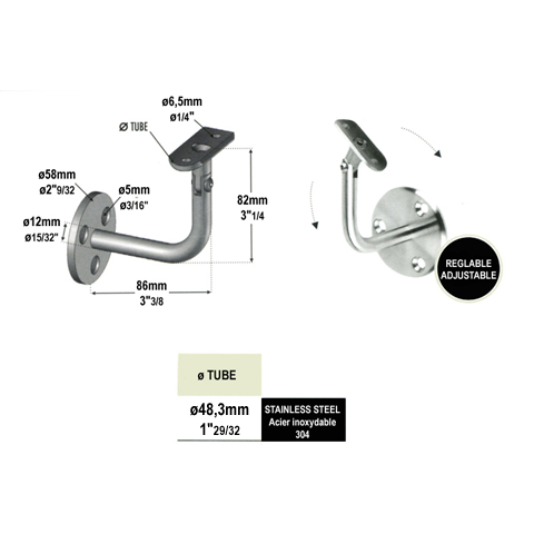 Support mural coud pour 48mm INOX304 articul pour rampes et escaliers