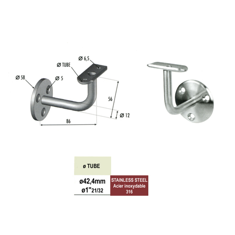 Equerre de rampe fixe pour 42,4mm INOX316 de main courante