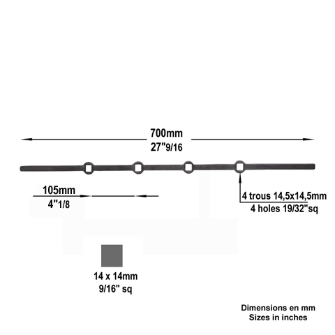 Barres 14x14mm 4 trous droits 14x14mm renfls longueur 70cm pour grilles de dfense FK3175 Barre troue Barre  trous renfls FK3175