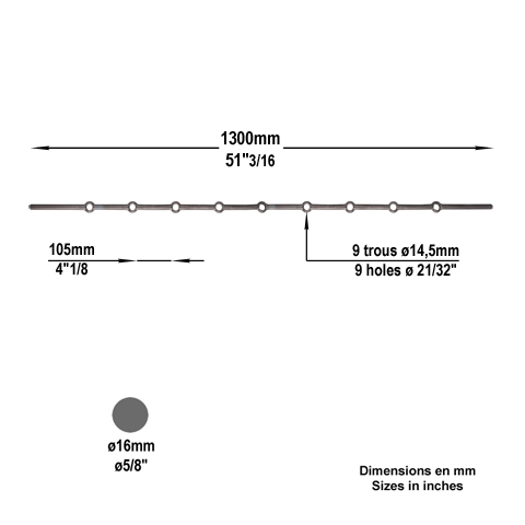 Barres 16mm 9 trous ronds de 16mm renfls longueur 130cm pour grilles de dfense FK3179 Barre troue Barre  trous renfls FK3179