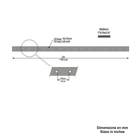 Barre poinonne 40x8mm 15 trous 16x16mm carrs longueur 2m pour cltures et grilles