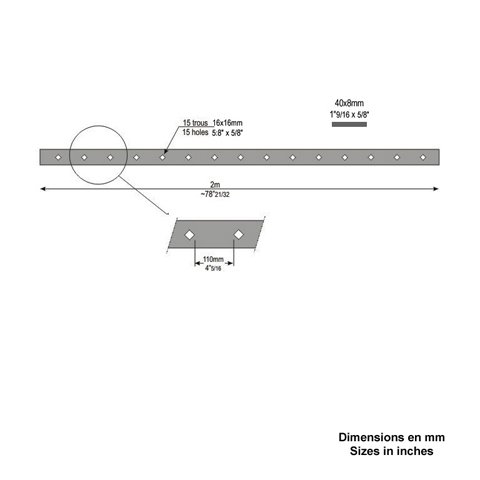 Barre poinonne 40x8mm 15 trous 16x16mm obliques longueur 2m pour cltures et grilles