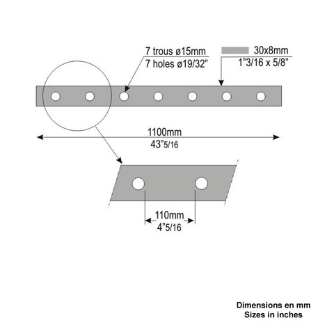 Barre poinonne 30x8mm 7 trous 15mm longueur 110cm pour grilles de fentres FK3214 Barre troue Barre poinonne FK3214