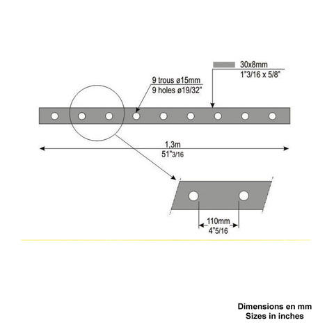 Barre poinonne 30x8mm 9 trous 15mm longueur 130cm pour grilles de dfenses FK3215 Barre troue Barre poinonne FK3215