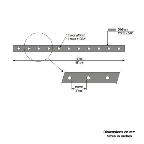 Barre poinonne 30x8mm 11 trous 15mm longueur 150cm pour grilles de fentres