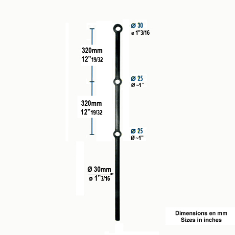 Poteau acier forg 1200mm rond de 30mm  trous renfls 26mm et 32mm FK3217 Barre troue Poteau  trous renfls 30mm FK3217