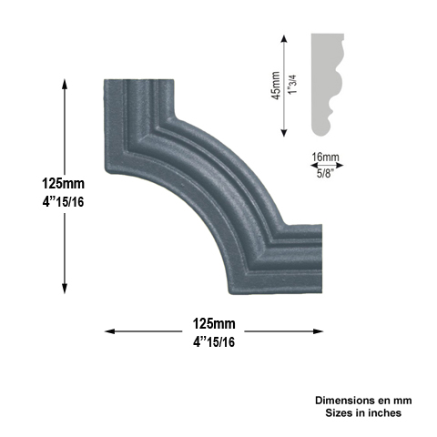 Moulure d'angle pour profil 45x16 hauteur 125mm pour soubassement de portail