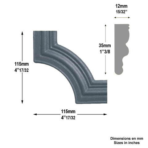 Moulure d'angle pour profil 35x12mm en fonte pour habillage de soubassement de portail