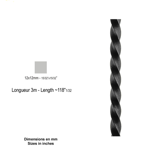Barre profile carr 12x12mm longueur 3 m carr torsad brut