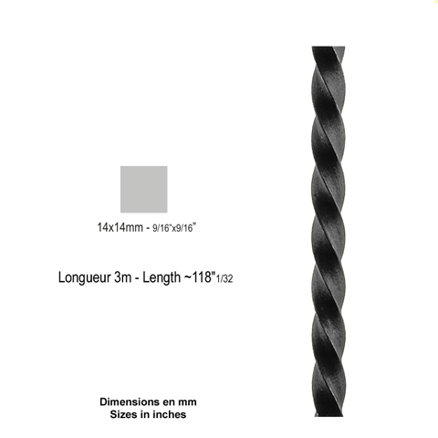 Barre profile carr 14x14mm longueur 3 m carr torsad brut