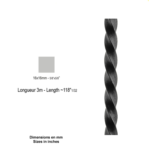 Barre profile carr 16x16mm longueur 3 m carr torsad brut