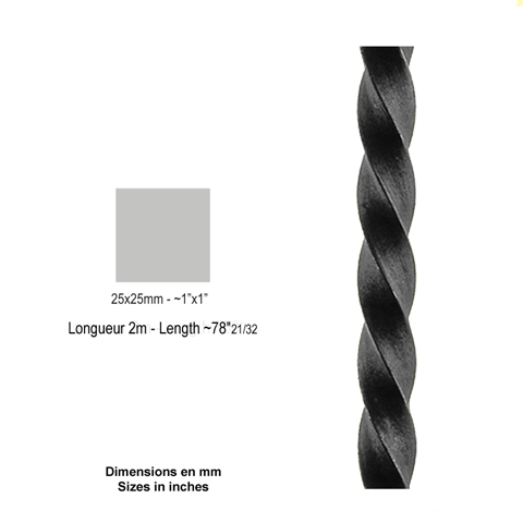 Barre profile carr 25x25mm longueur 3 m carr torsad brut