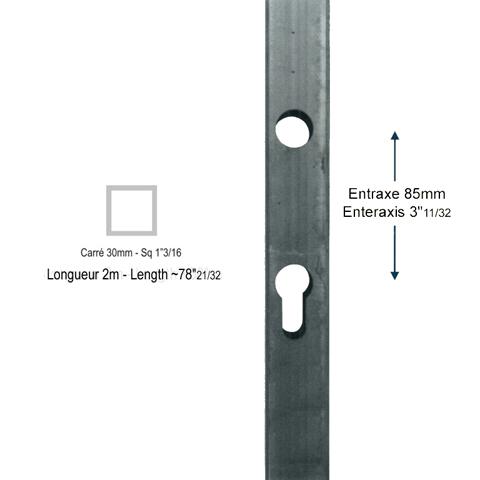 Tube pr-usin 3 faces 30x30mm pour recevoir une serrure entraxe 85mm