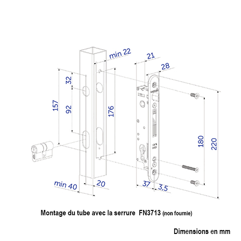 Tube pr-usin 3 faces 40x40mm longueur 2m pour serrure LOCINOX FS41465 Tube usin pour portails Tube usin pour serrure FS41465