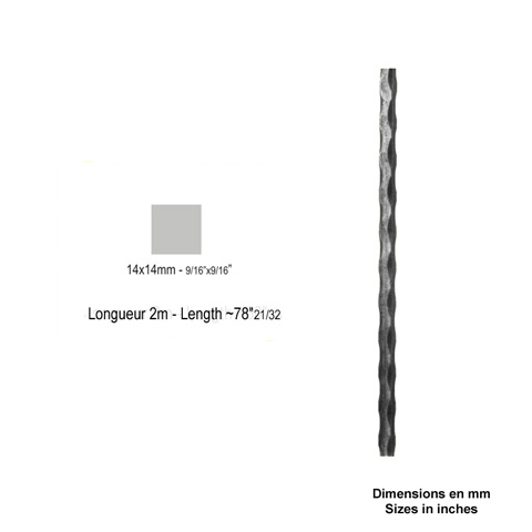 Barre profile carre 14x14mm longueur 2m martele 4 faces acier brut