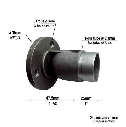 Connecteur mural rglable de main courante en acier pour tube 42,4mm epr 2mm